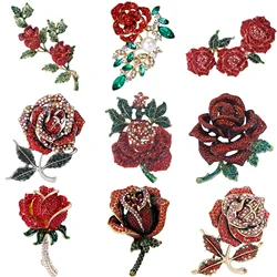 Trendy Rhinestone Red Rose Brooches for Women Unisex Pearl Flowers Pins Weddings Office Party Friend Gifts Jewelry Accessories