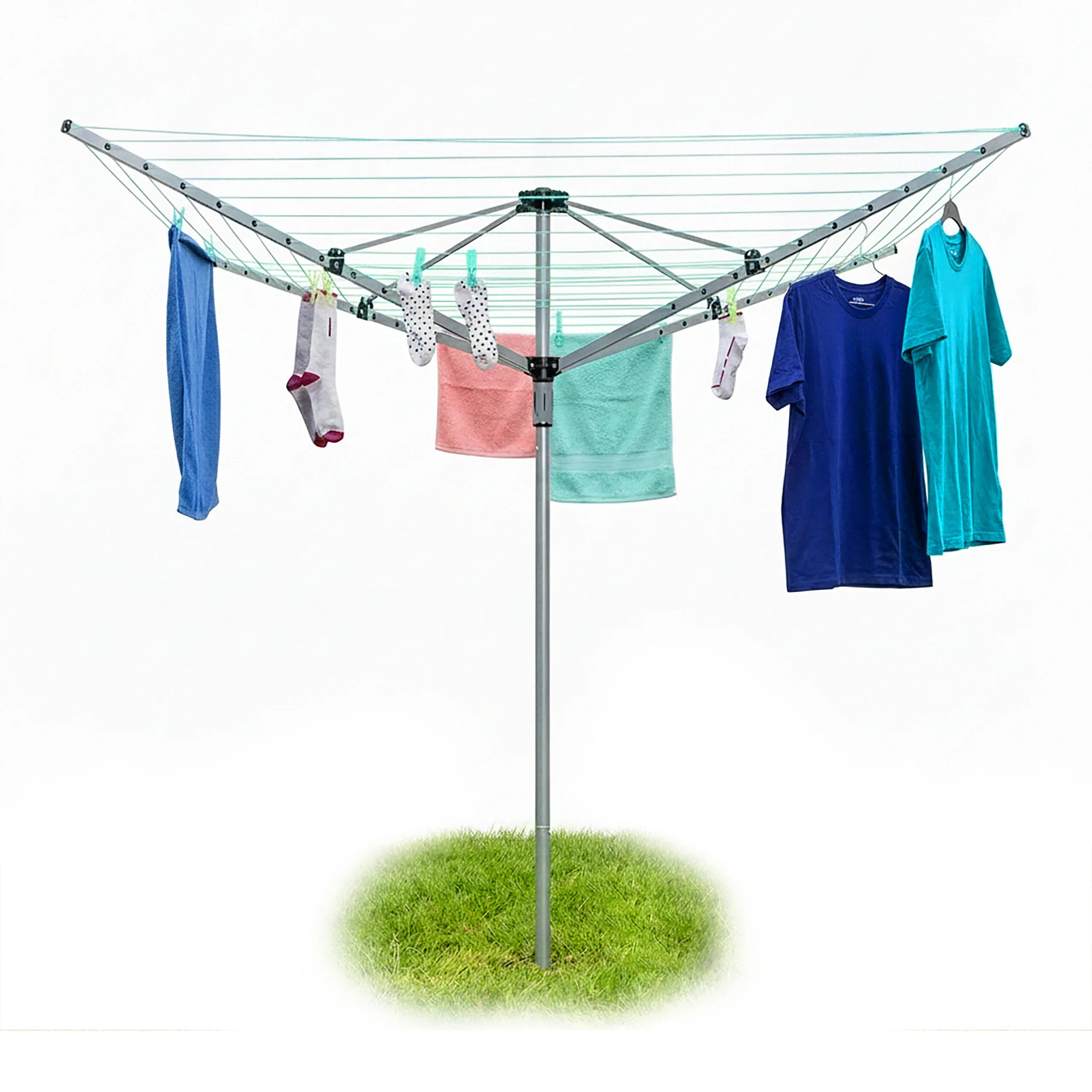 Clothesline, 49 m Drying Length, for Garden, 4 Sides, 11 Lines, Tear-Resistant Clothesline, Steel Tube, with Ground Sleeve, 184 X 242 Cm, Silver, Relaxdays