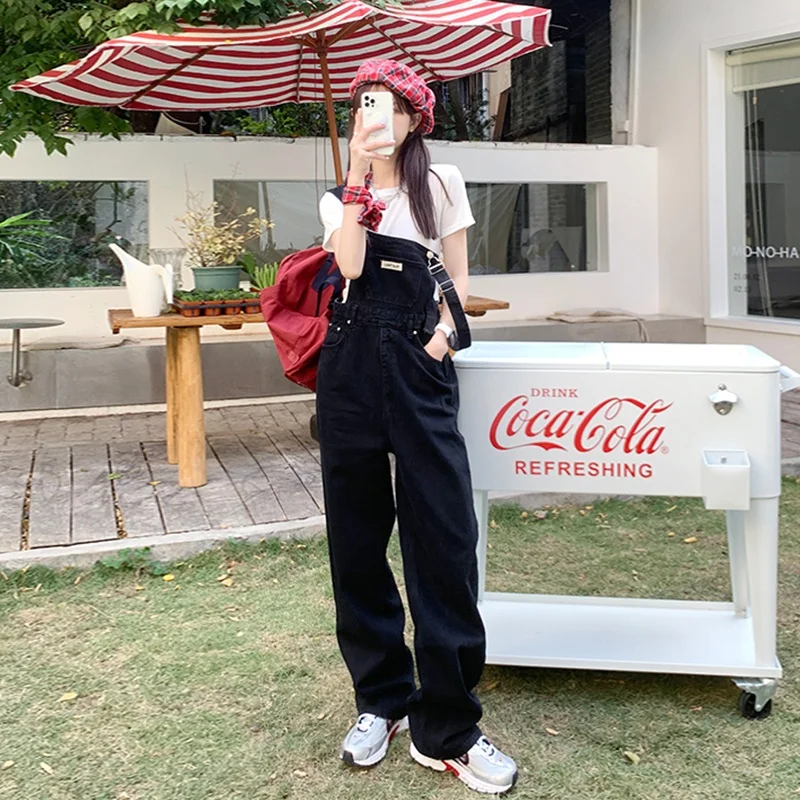 

Vintage Denim Overalls Women Loose Autumn Winter New Style plus Size Fashionable Long Pants High Waist Button Craft Dark Color
