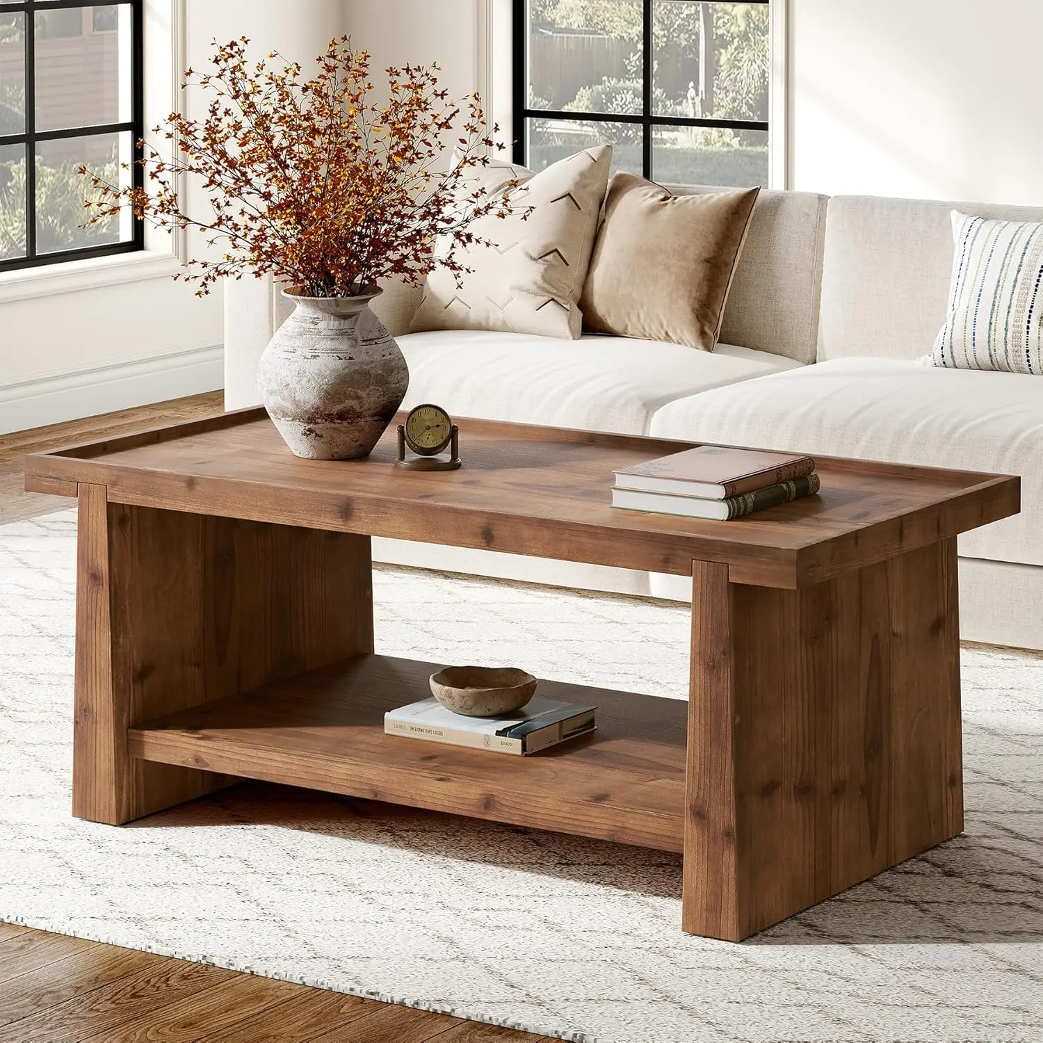 #ji Tribesigns 47 Inch Solid Wood Rustic Farmhouse Coffee Table With Raised Edge And 2 Tier Open Storage For Living Room Brown