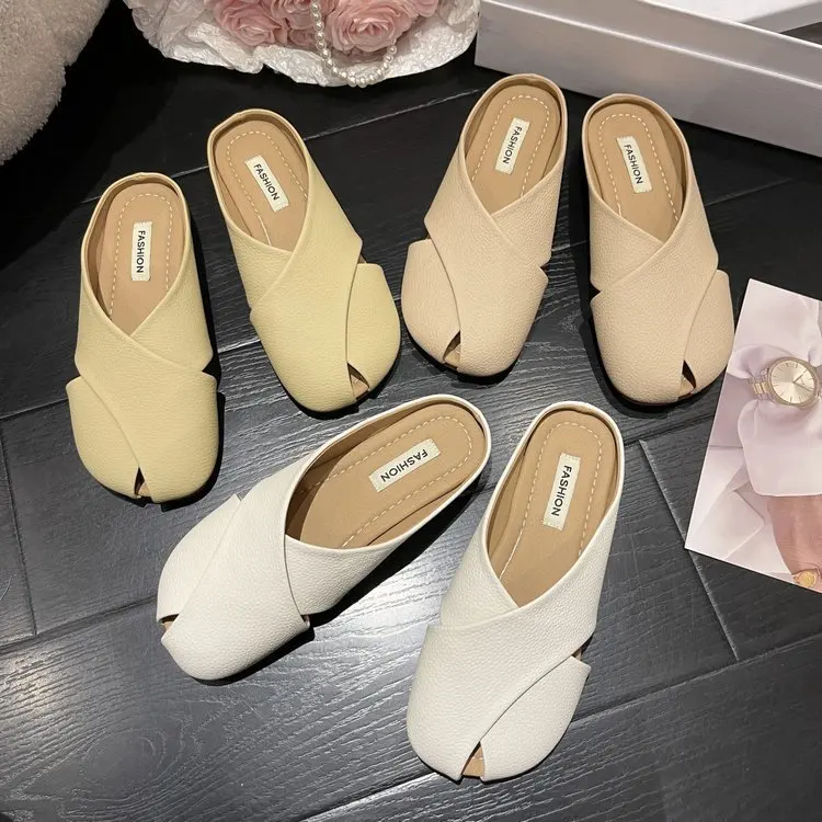Summer Bao Head Half Slippers Women Wear New Soft Bottom Woven Flat Fish Mouth French Slippers Shoes view 5