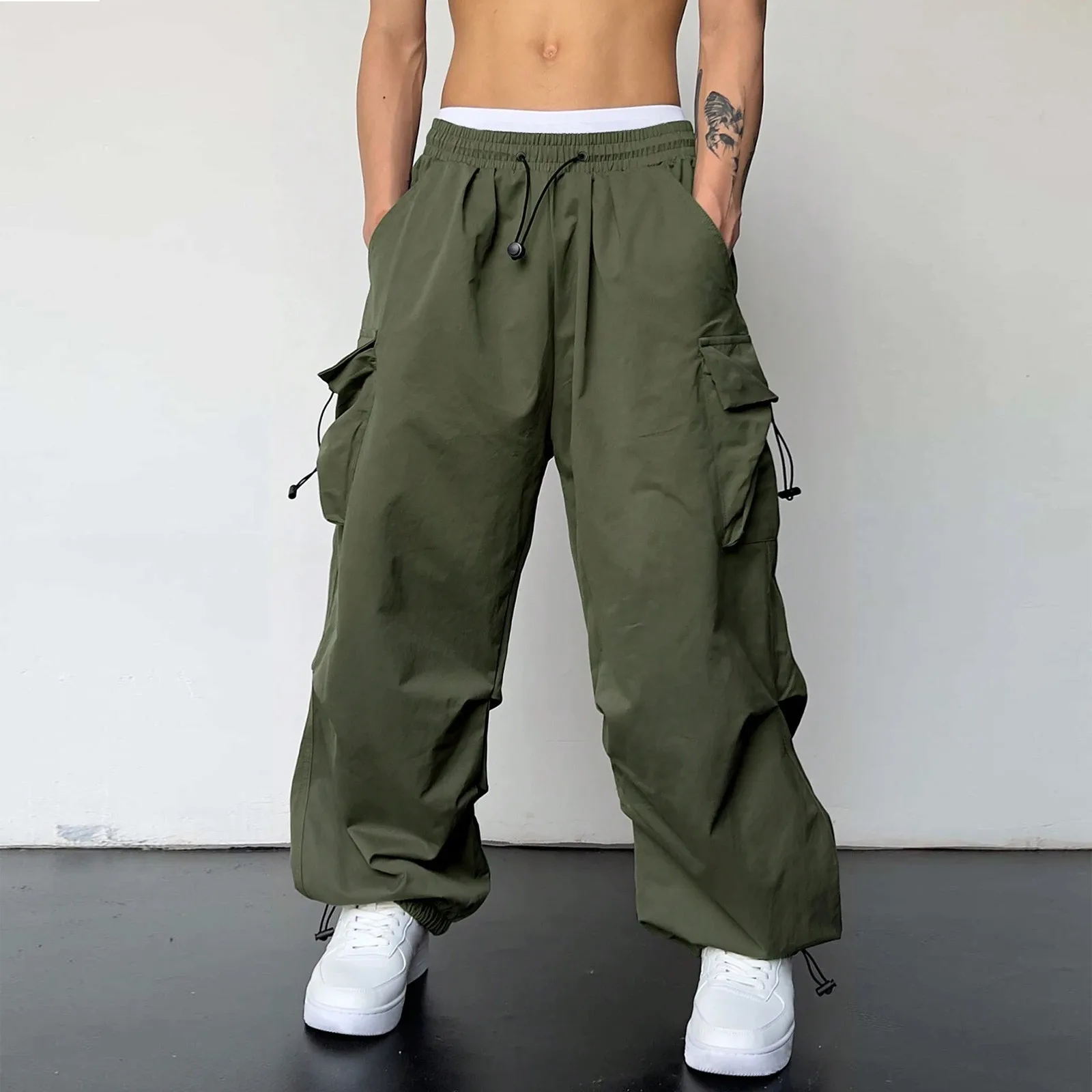 

Men's Casual High Waist Solid Color Sports Trousers Multi Woven Pocket Foot Rope Pant Street Cargo Tie Men's Fashion Cargo Pants