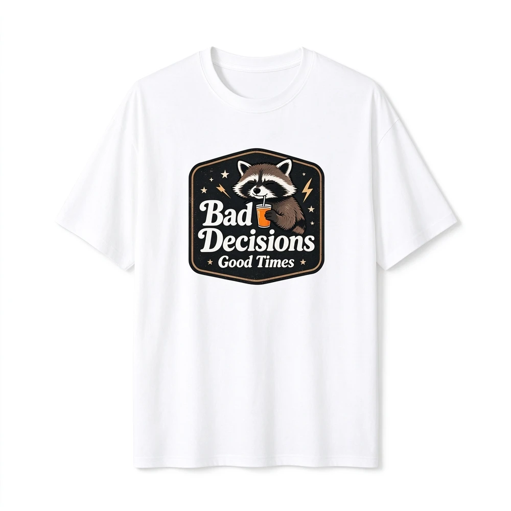 Unisex Funny Graphic T-shirt, Bad Decisions Raccoon Print Casual Tee, Good Times Retro Short Sleeve Top