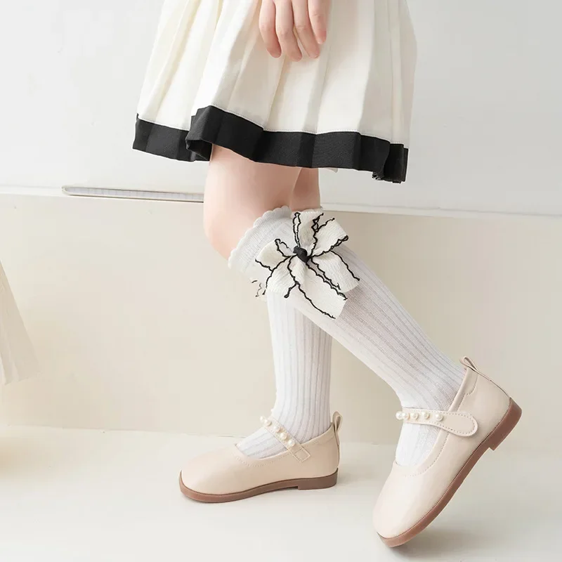 Girl Lolita Kawaii Stocking Black White Color Knee High Long Sock for Kids Retro Bowknot Calf Sock for Children Cotton Sock