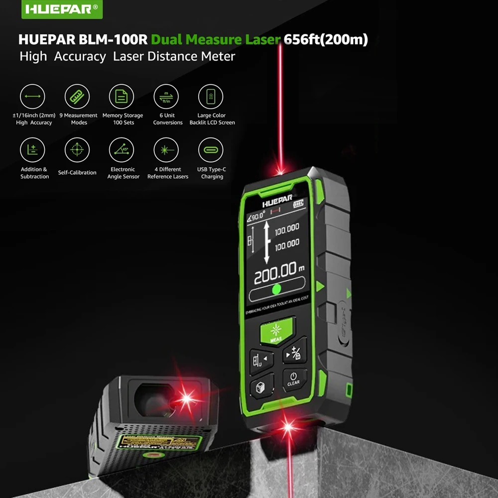 Premium Products 2026 Huepar Li-ion Battery Tpye-c Charge BLM-100 200m Digital Red Beam Laser Level Distance Meter Laser Measure