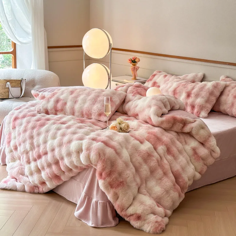 Colorful Bubble Imitation Rabbit Plush Bedding Set with Coral Fleece Duvet Cover Flat Sheet Pillowcase Warmth Quilt Cover Set