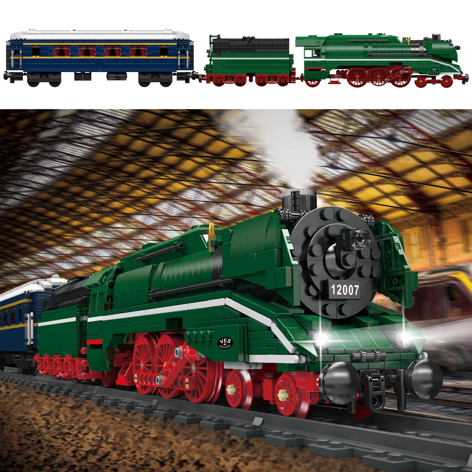 12007S Deutscher Express-Zug-Modellbausatz, 2412 Stück, kleiner Granulat-Baustein, Montagemodelle, DIY-Spielzeug für Weihnachtsgeschenke