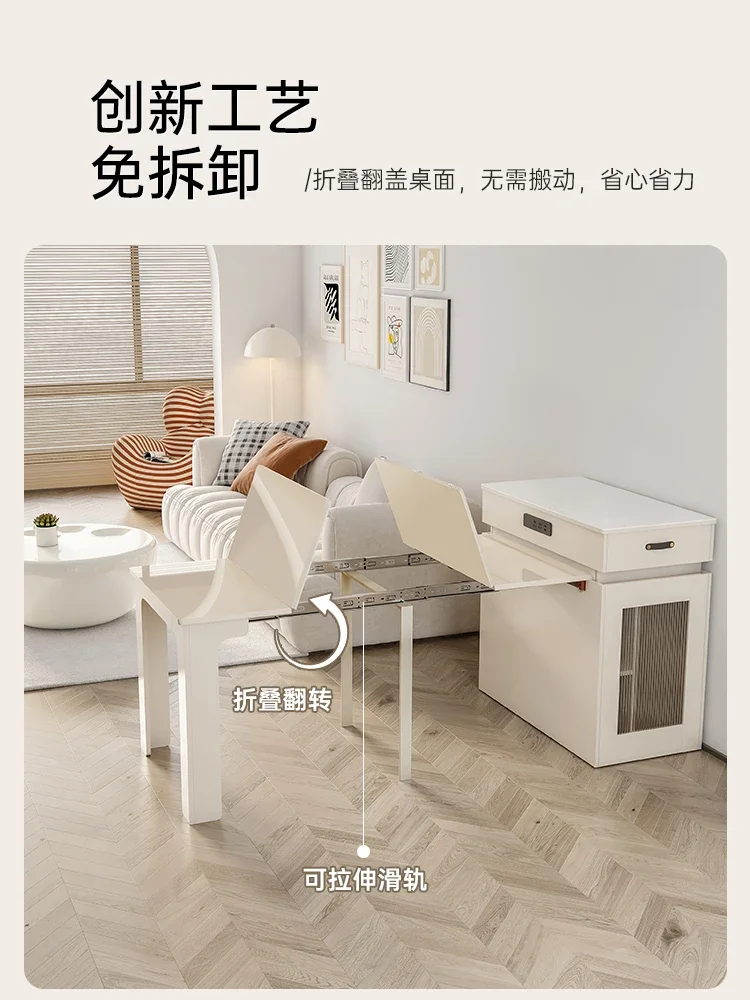 Folding dining table, island and integrated small apartment, retractable household rock slab,solid wood dining table