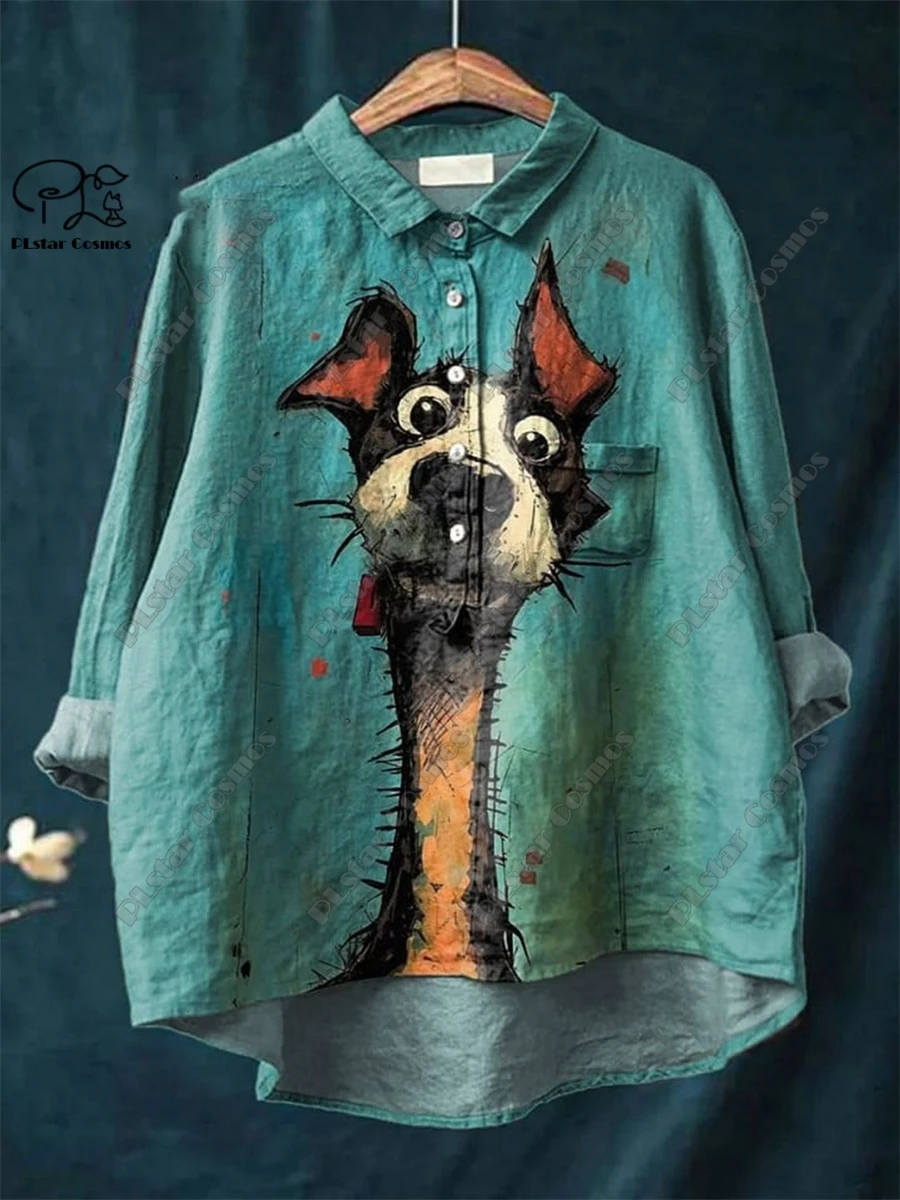 PLSTAR COSMOS new 3D printed retro and cute floral animal printing ladies entertaining leisure and loose open -tube shirt D-25