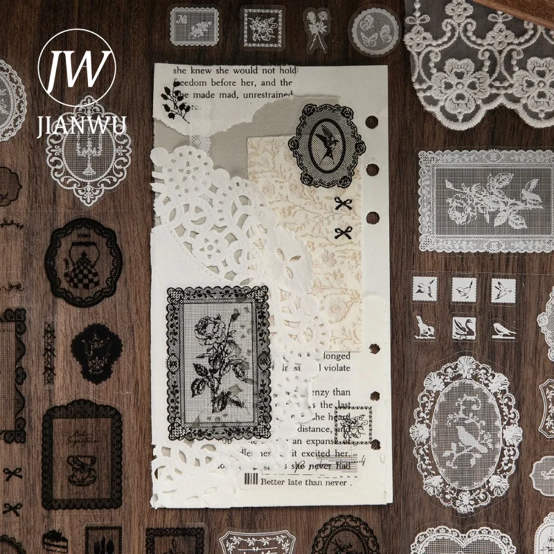 JIANWU Vintage Lace Flower Butterfly Rabbit Bird Landscape Material Collage Scrapbooking PET Sticker Creative Journal Stationery
