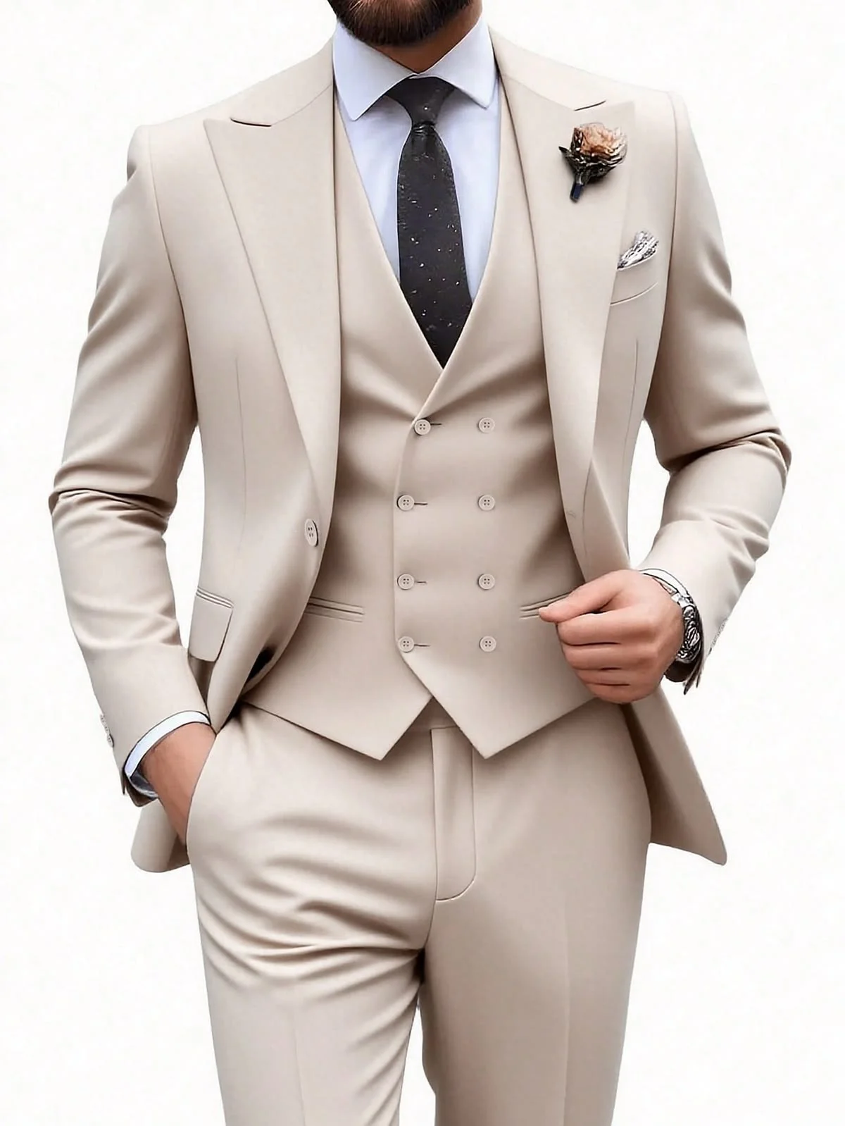 3pcs Men's Elegant Formal Suit Set Solid Color Slim Fit Wedding Suit With Double Breasted Vest Formal Business Suit For Party
