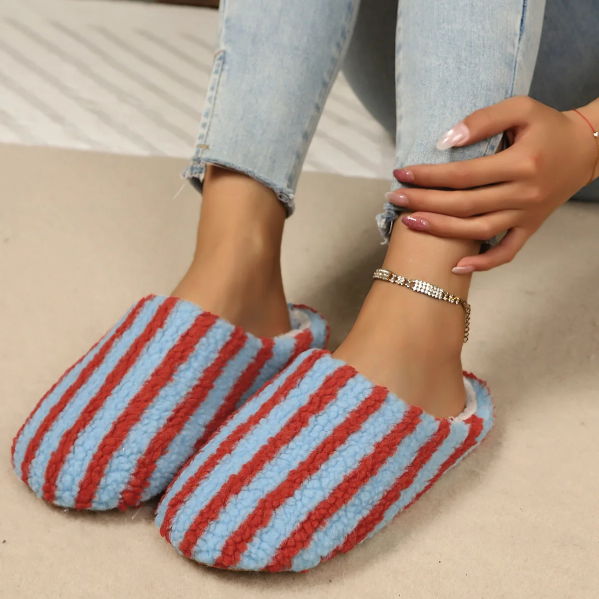 Winter New Mix Colorful Striped Warm Plush Slippers Plus Size 45 Indoor House Silent Cotton Slippers Soft Sole Fluffy Fur Shoes