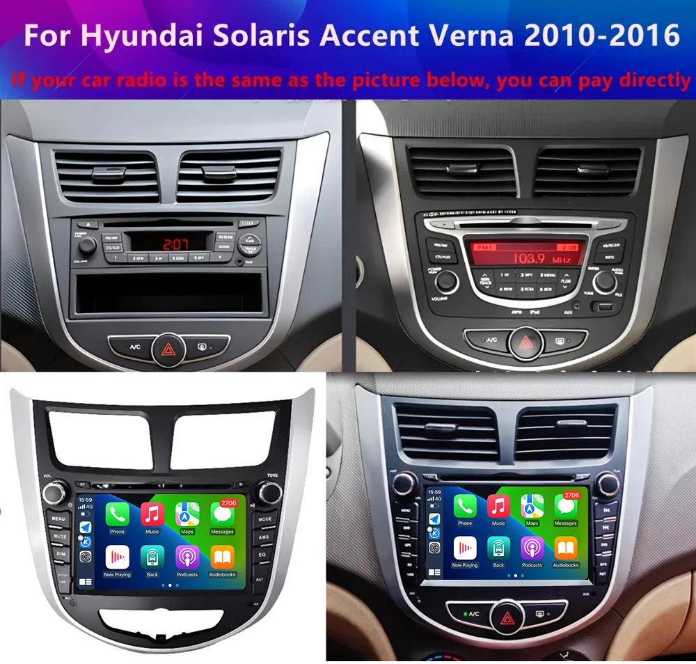 Wireless CarPlay Android 16 For Hyundai Solaris Accent Verna 2010-2016 Car Radio Multimedia Navigation GPS Stereo 7inch Screen