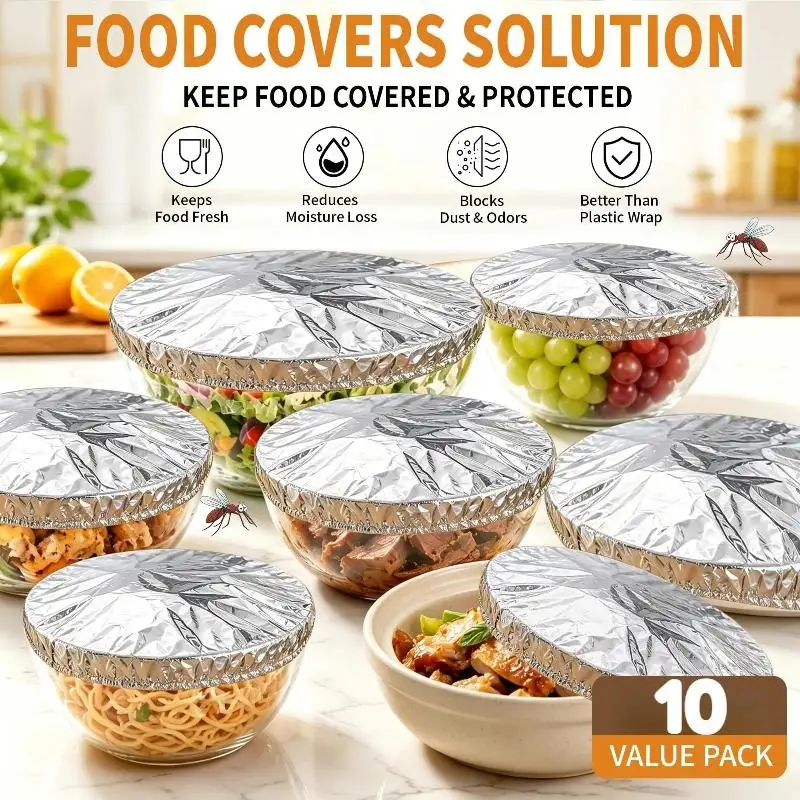 10PCS Reusable Aluminum Foil Bowl Covers Odorless Food Preservation Wraps for Kitchen Dining Picnic Party