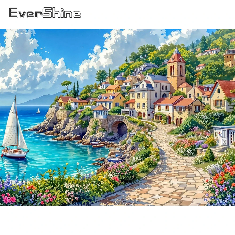 EverShine Diamant-Mosaik Meereshaus-Bild mit Strass-Stickerei, Landschaftsgemälde mit Vollquadrat-Druck, Küsten-Wandkunst