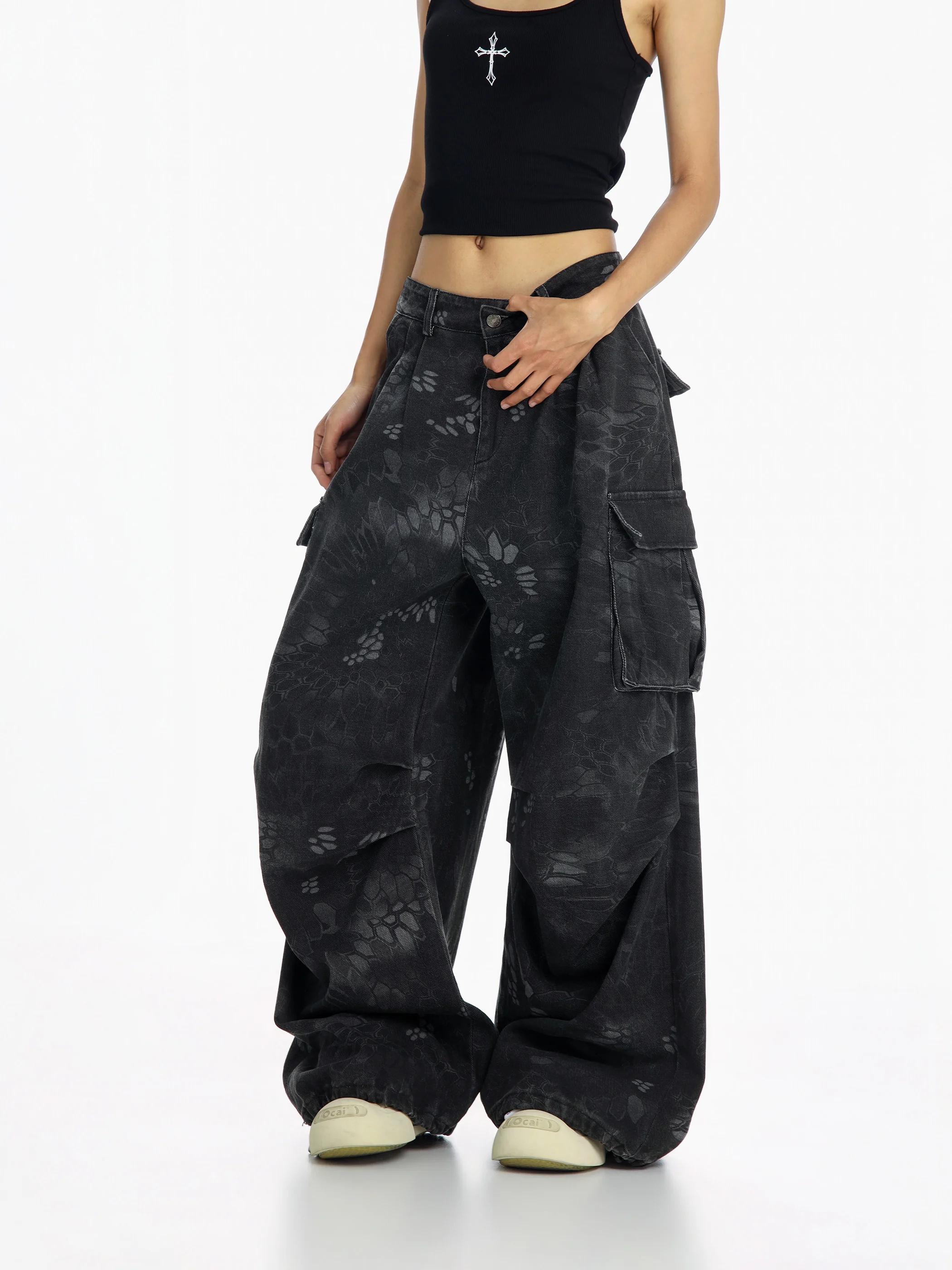

American Style Loose Work Pants Snake Skin Camouflage Wide Leg Pants Casual Loose Long Trousers for Women Dancewear