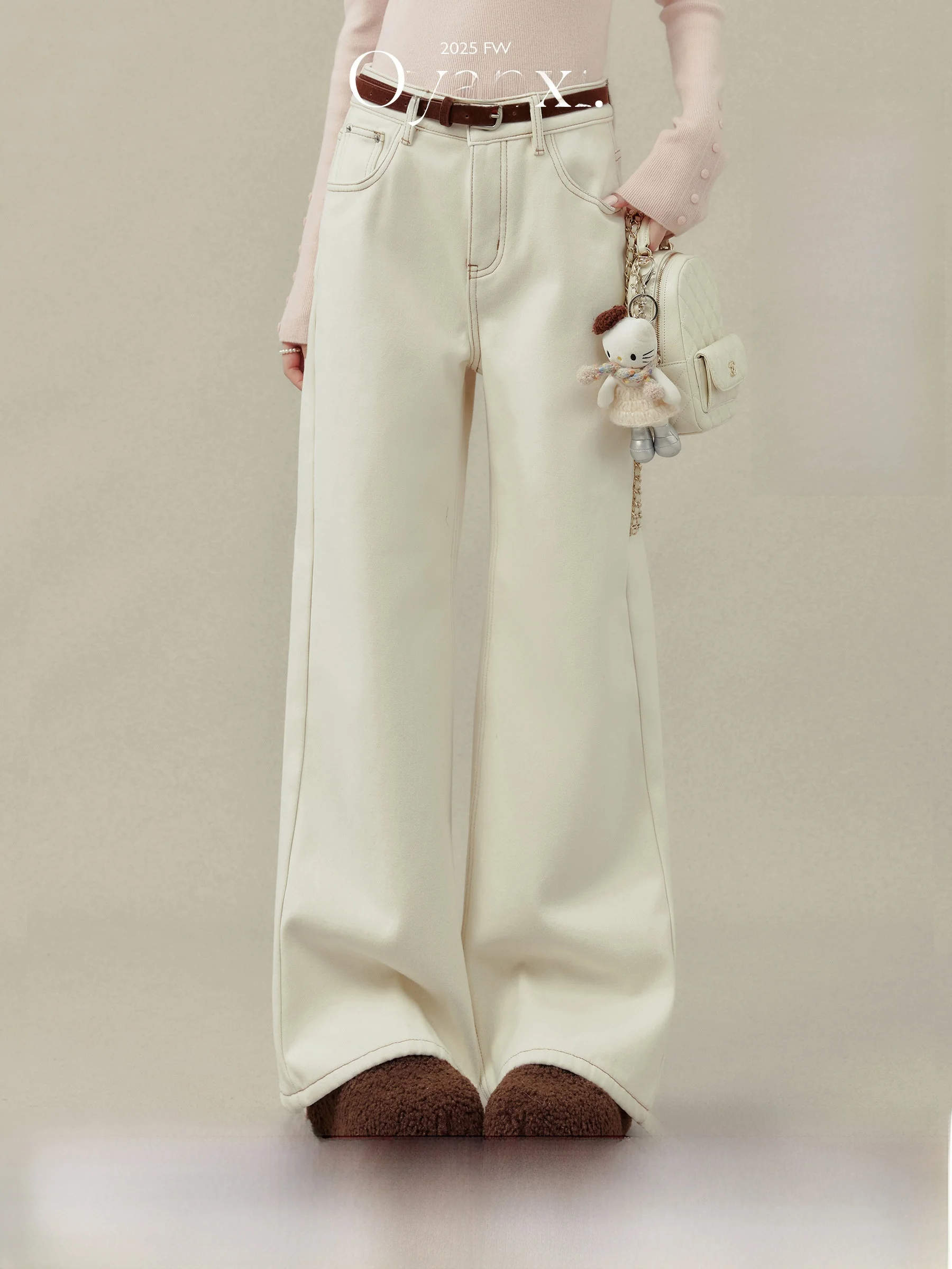 

Autumn Cloud Sunset White Wide Leg Jeans Women's Loose Not Fitting Ele Sle High Waist Button Closure Winter Warm Ladies...