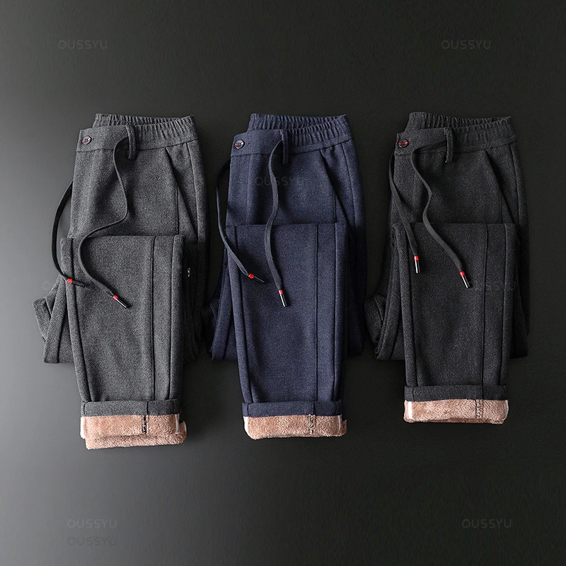 Pantalones informales de lana para hombre, pantalón grueso de algodón con cordón, cintura elástica, terciopelo, negocios al aire libre, Invierno