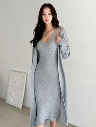 New Knit Sweater 2 Pieces Outfit Women Mujer Simple Cardigan Loose Long Coat Tops And Sleeveless Dress Ladies Set Street Clothes