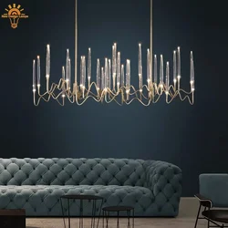 Long Crystal Candle Chandelier For Dining Living Room Kitchen Table Bedroom Luxury Gold Rectangle Crystal Ceiling Chandelier