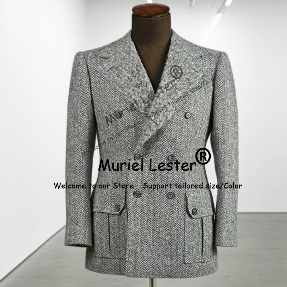 

Classic Wide Peak Lapel Men's Jacket Herringbone Leisure Casual Double Breasted Blazer Customized 1 Piece Suits Men Prom Attire