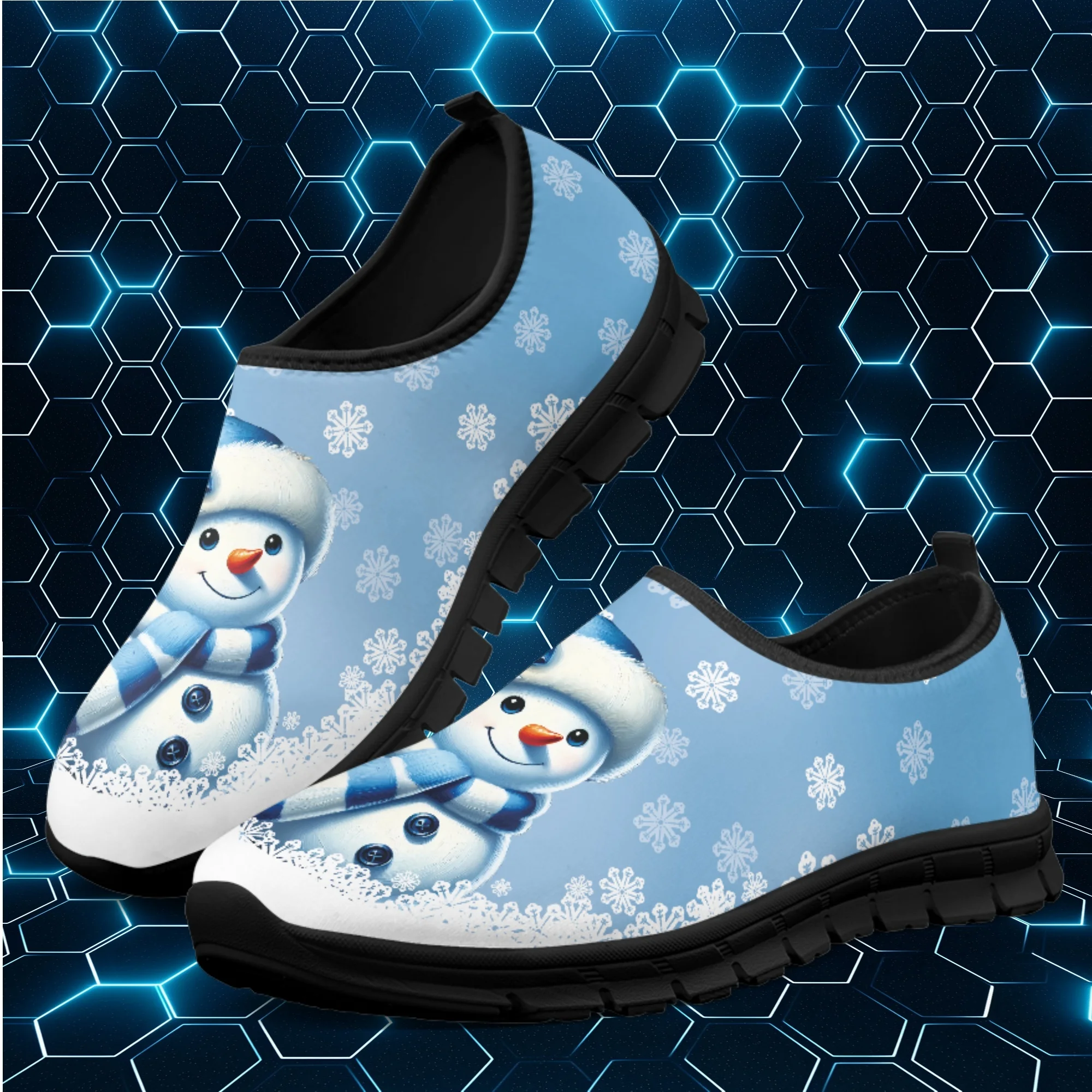 INSTANTARTS Women Flat Shoe Blue Cartoon Cute Snowman Breathable Walking Sneakers Breath Mesh Shoes Students Slip on Shoe