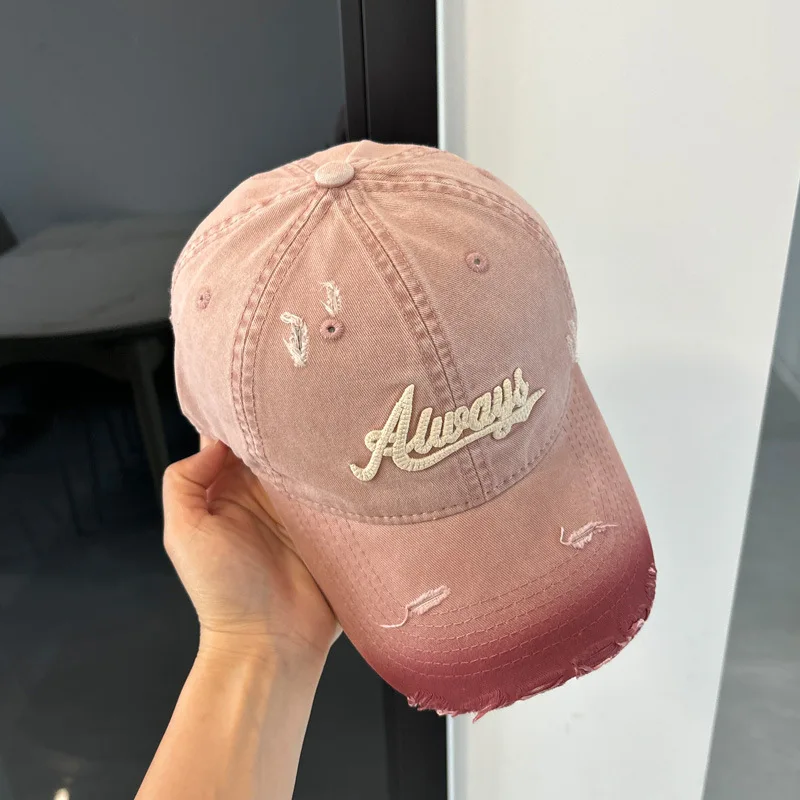 Summer Unisex Retro Pink Baseball Cap Gradient Colors Letter Embroidery Sun Hat Outdoor Solid Color Soft Duckbill Cap