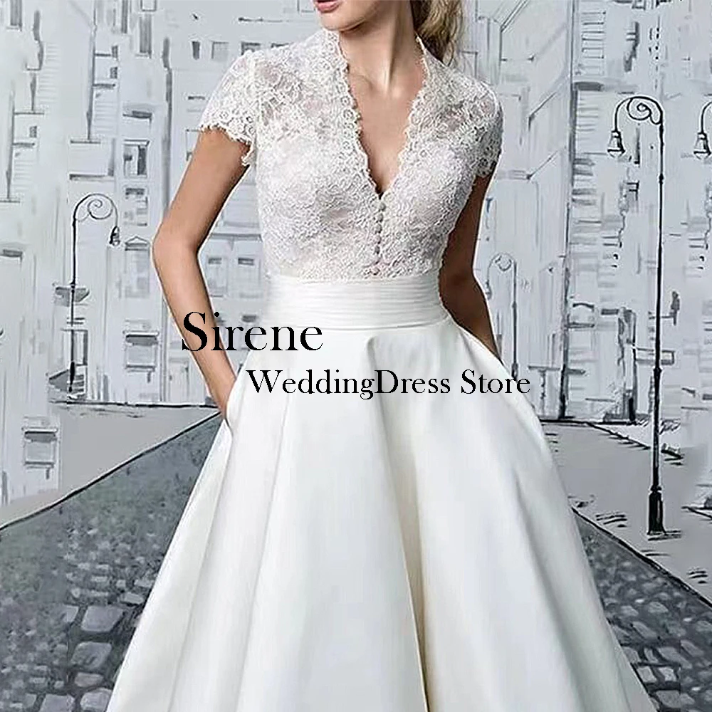 Sirene Elegant Midi Ivory Wedding Dresses Lace Satin V-Neck Tea-Length A-Line Brides Dress Tailor-Made Vestidos De Novias 2024