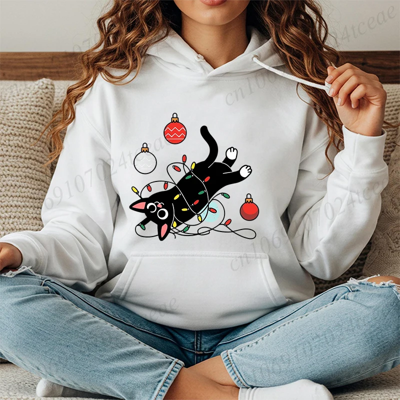 

Женская толстовка с рождественским принтом «Черный кот», пуловер с рождественскими огнями, модная повседневная одежда, модная уличная одежда с котенком, рождественской елкой