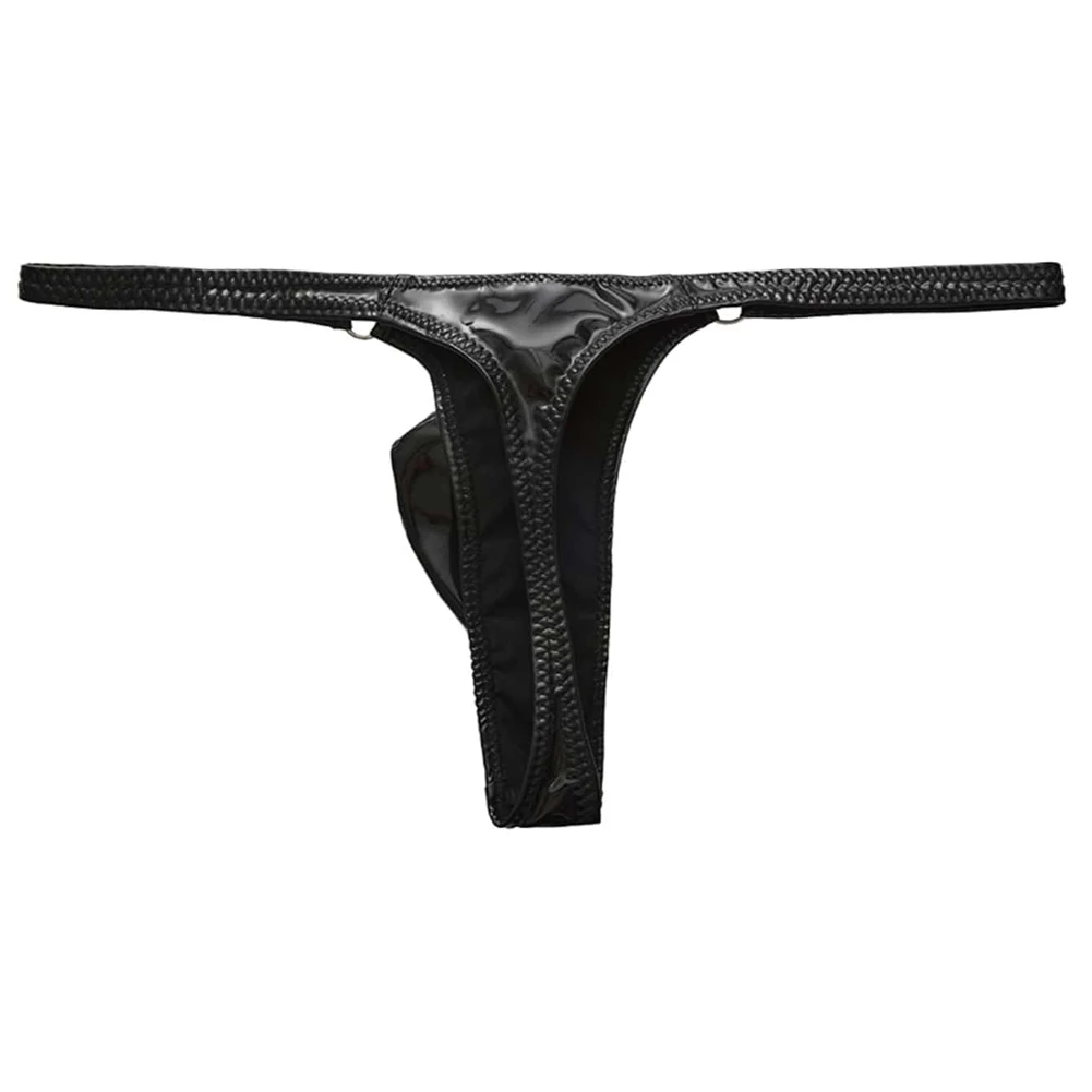 1pc Men Shiny Leather Waist With Metal Ring G-strings Thongs Gay Bulge Pouch Low Waist Stretchy Underwear Butt-Exposing Sexy
