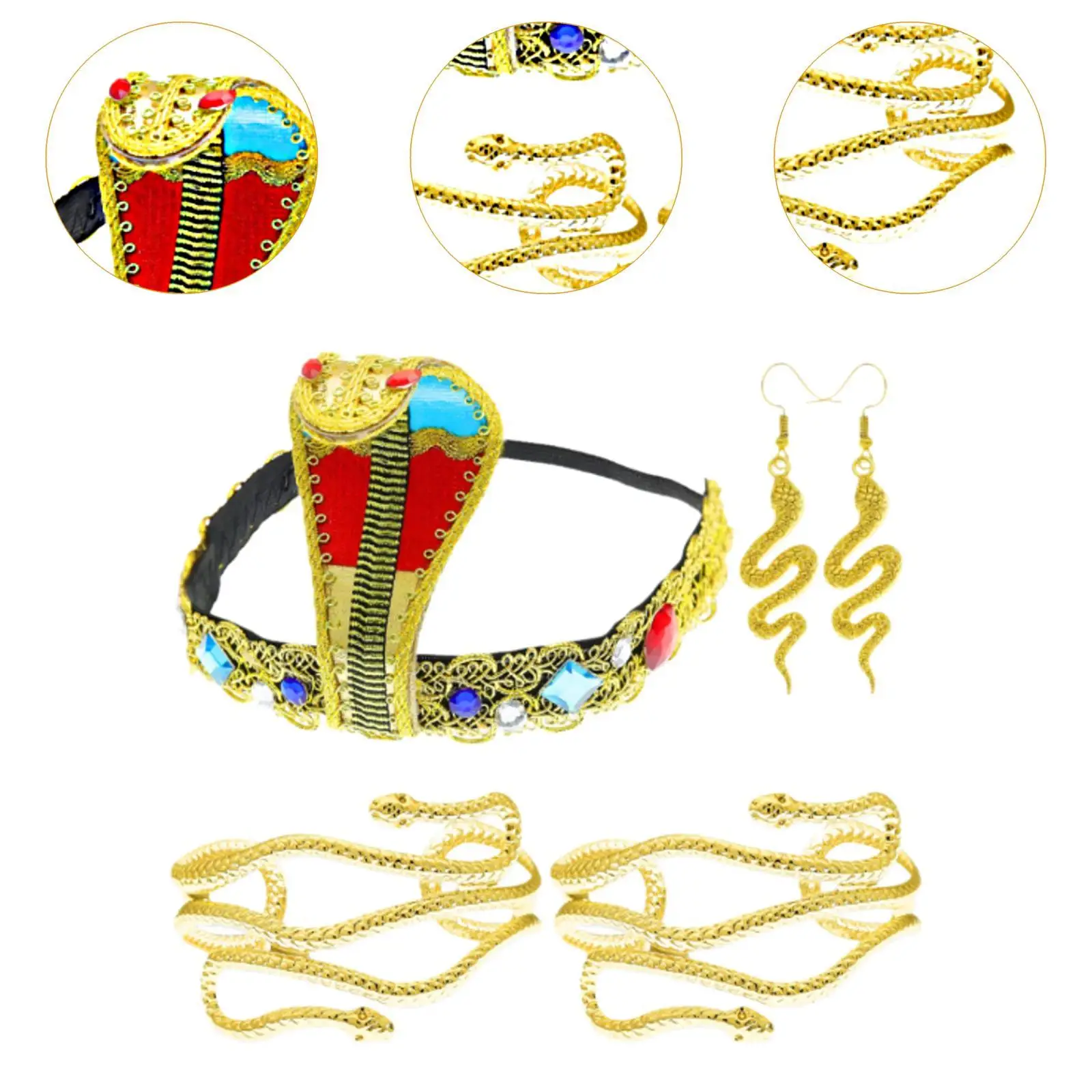 Set di accessori per costumi egiziani, bracciali, orecchini pendenti in oro per donna