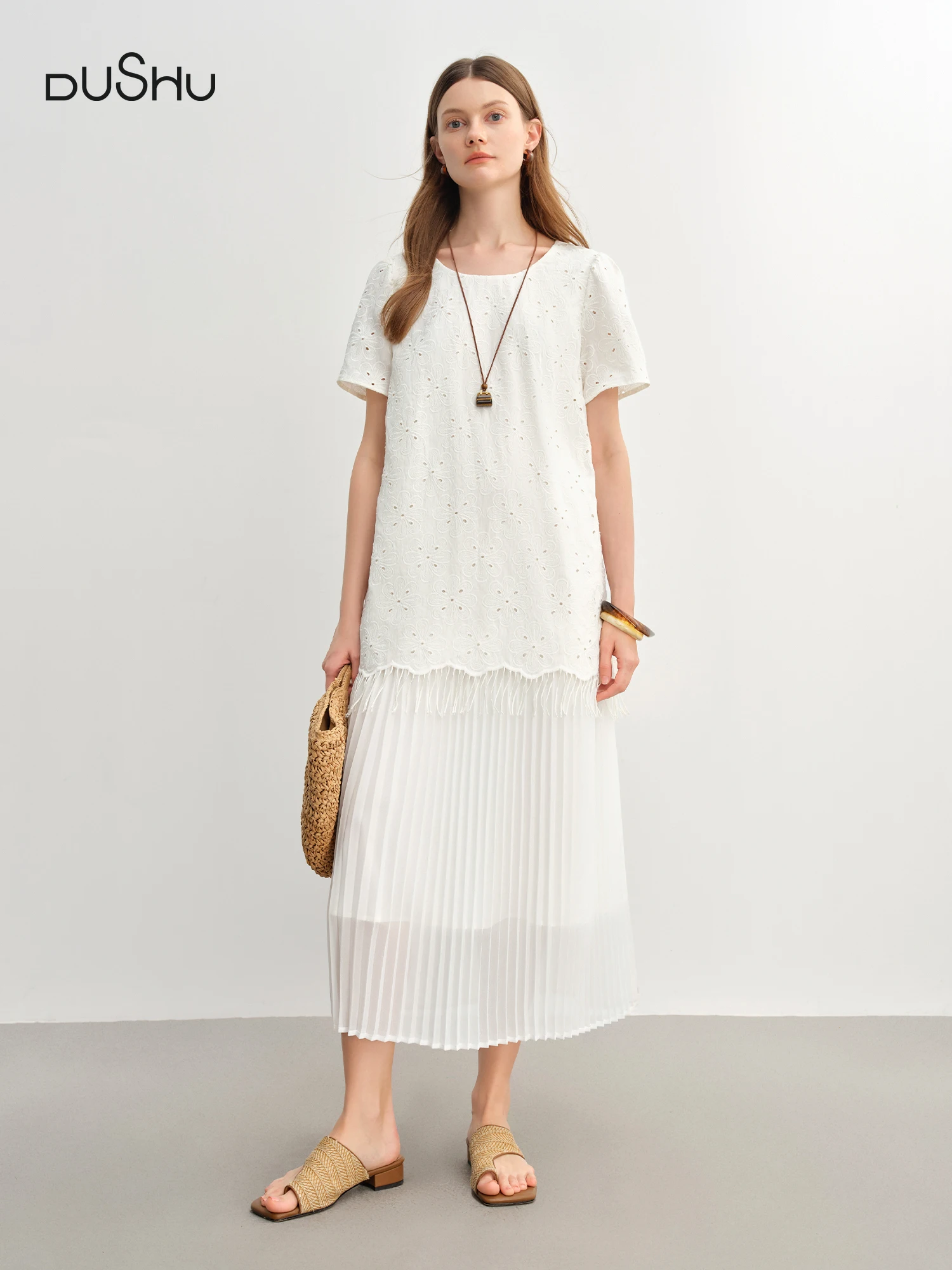 

DUSHU Women Gentle Tassel White Dress 2025 Summer New Arrival French Style Temperament Commuter Long Chic Dress 25DS82805