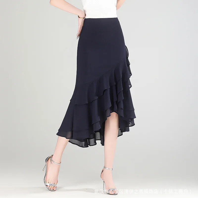 Irregular Ruffles Chiffon Skirt Office Lady Fishtail Asymmetrial Black Skirt Commuter High Waist Hip Skirt Women Summer Chic