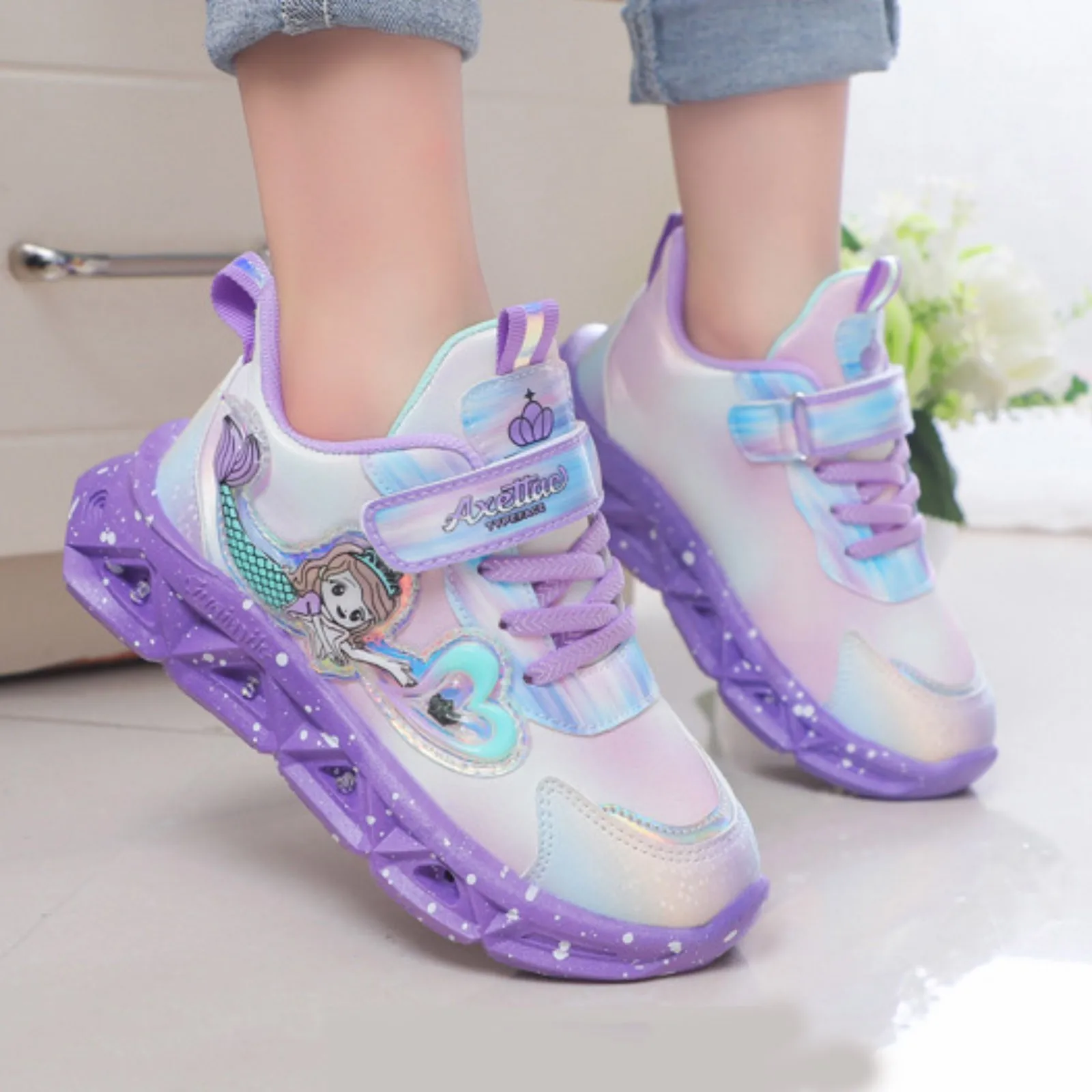 Kids Girls LED Sneakers Frozen Elsa Mermaid Princess Print Casual Shoes Children Lighted Non-slip Pink Purple Thick Sole Sneaker