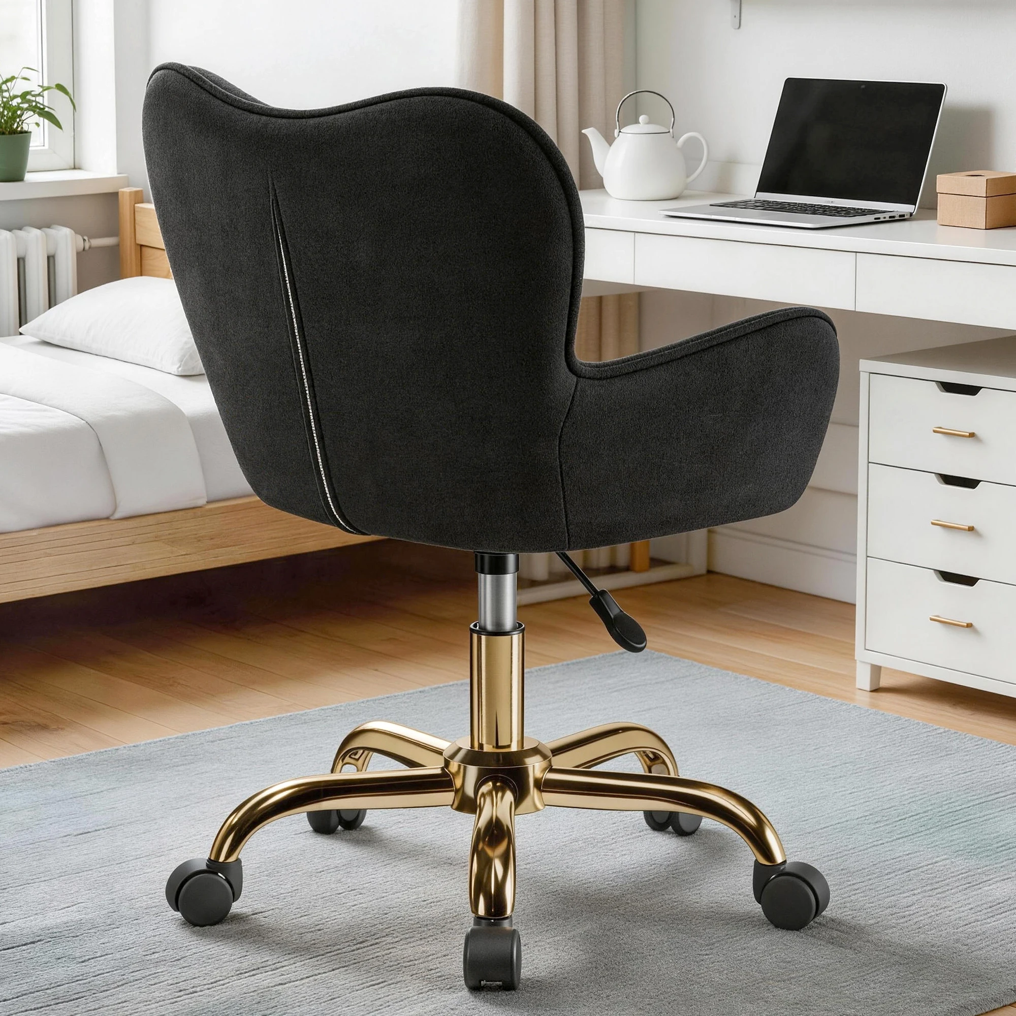 KERDOM Vanity Chair with Wheels and Back, Velvet Home Office Desk Chairs with Swivel, Desk Chair with Upholstered Modern Tufted & Gold Metal Base, Makeup Chair with Adjustable Hight & Armrest, for Living Room, Bedroom, Office, Vanity Study, Black