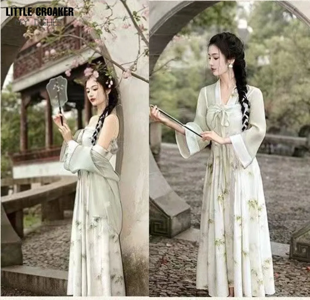 Summer Chinese Hanfu Dress 2pcs Improved Modern Style Traditional Bamboo Printed Cardigan Coat+ Dress 2pcs Sets Hanfu Female