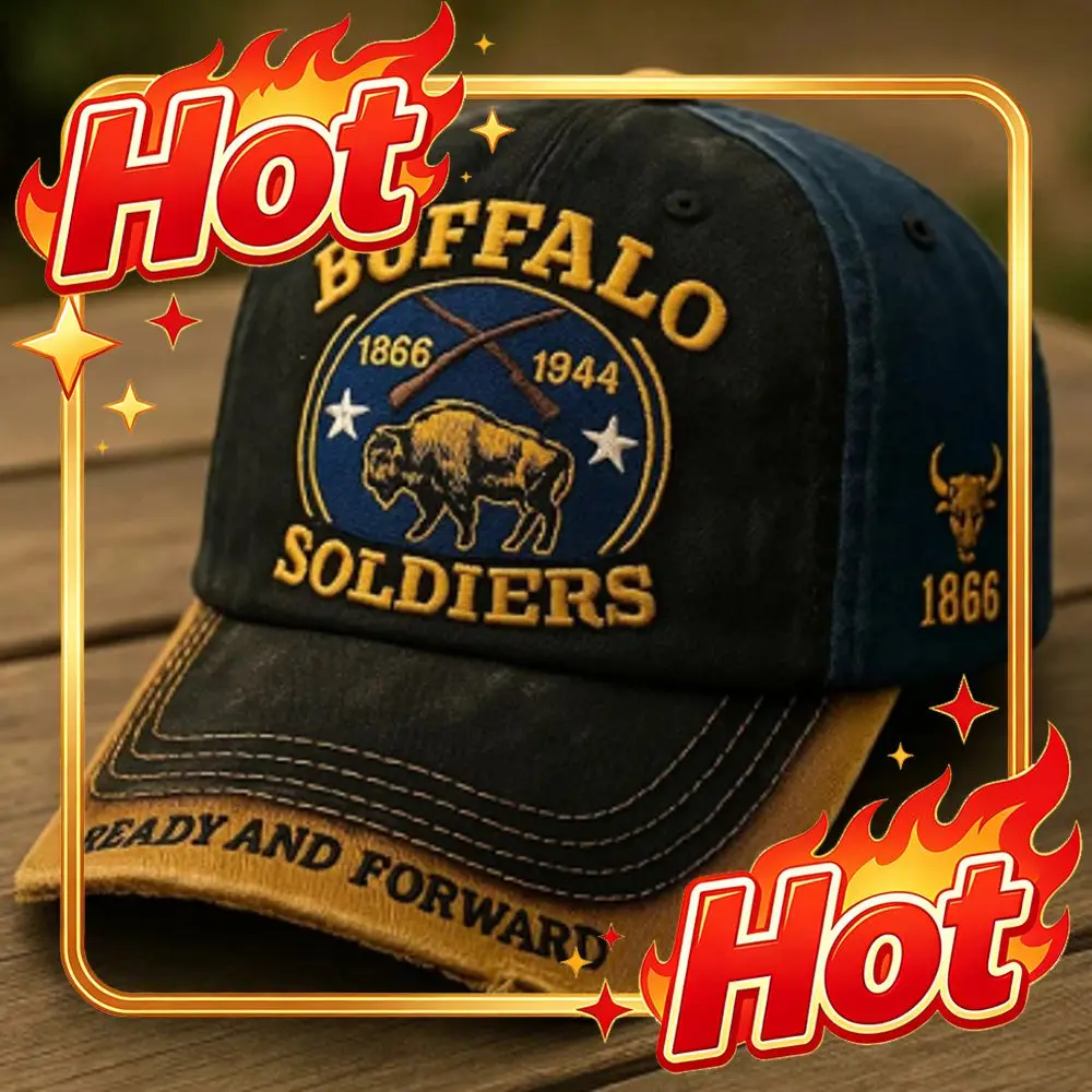 Custom Hat Vintage Distressed Buffalo Soldiers Embroidered Baseball Cap - Black Front Blue Back Tan Brim With 'READY AND FORWARD