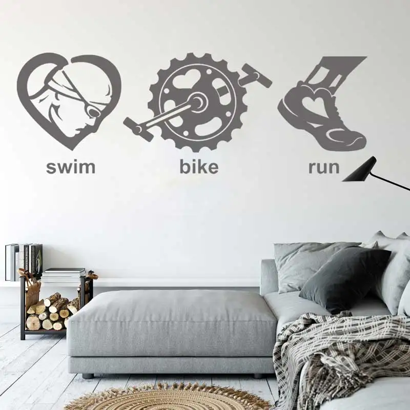 Triathlon Swimming Bike Running Sports Vinyl Wall Decal Sports Lover Home Teen Bedroom Kids Room Art Deco Sticker Gift  Z16