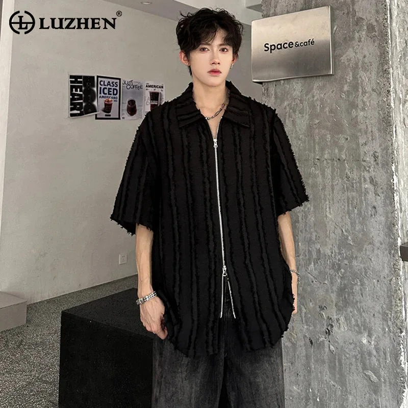 

LUZHEN 2025 Summer Fashion Loose Handsome Short Sleeve Shirts Men's Double Zipper Design Burr Patchwork Casual Male Tops JY2401