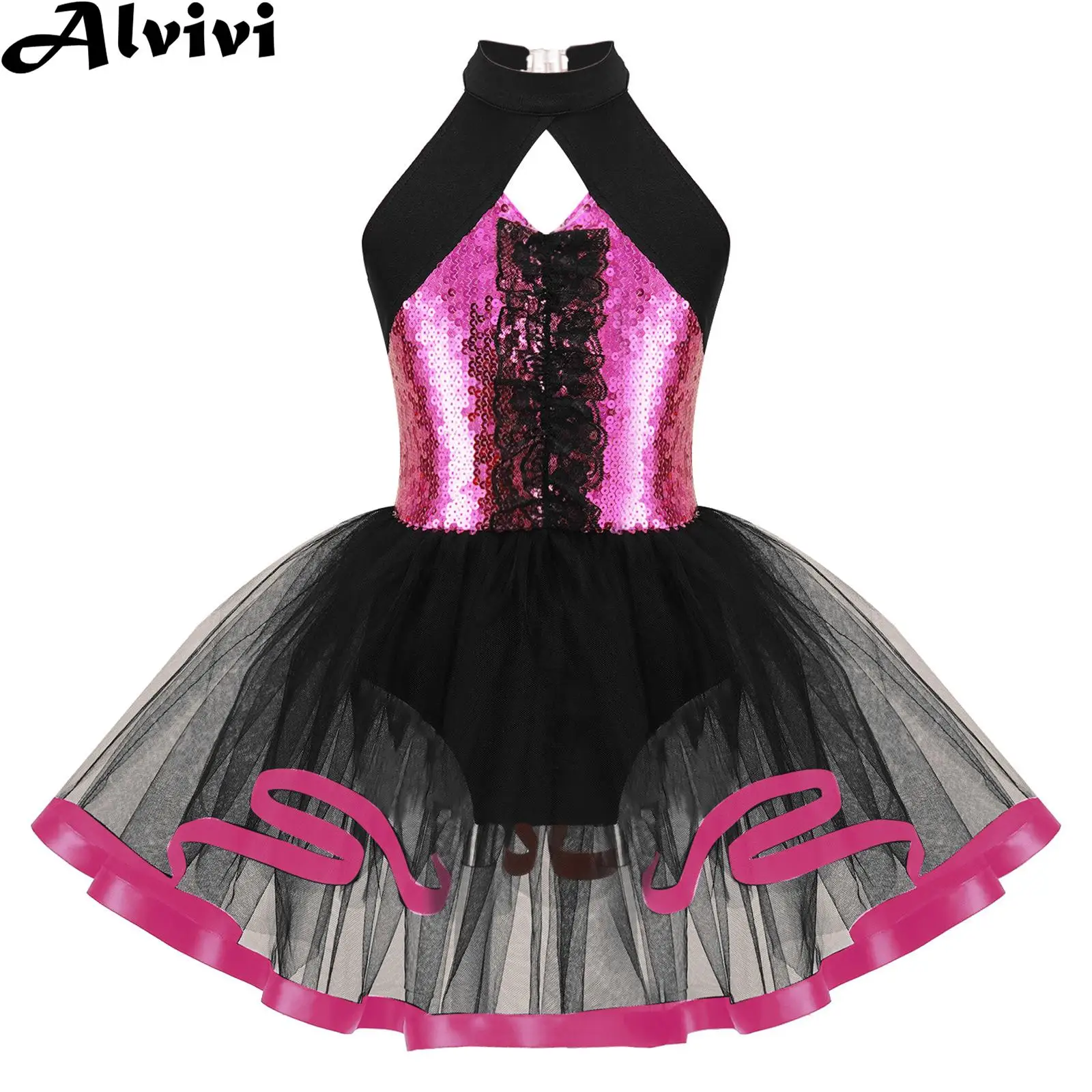 Kids Girls Ballet Tutu Gymnastics Leotard Sleeveless Shiny Sequin Mesh Dance Dress Ballerina Party Stage Performance Dancewear