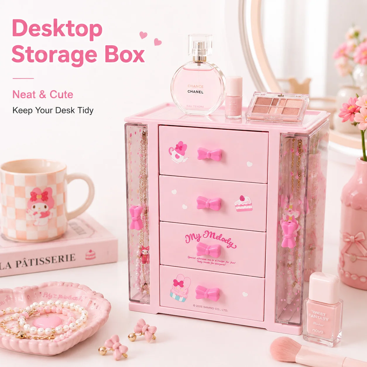 Kawaii Sanrio 4 Drawer Desktop Storage Cabinet My Melody Jewelry Trinket Organizer Box Plastic Cosmetic Small Accessories Drawer view 4