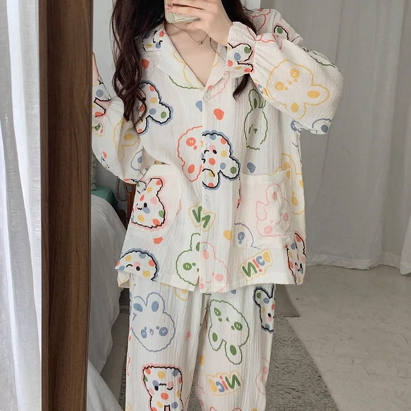 Conjunto de pijama de gaze de camada dupla feminino, pijama de manga longa fofo, doce para o lar, terno casual, tamanho grande, primavera e outono