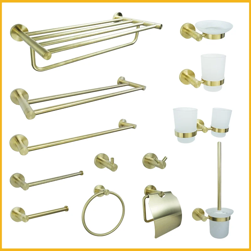 

Brushed Gold Bathroom Accessories Wall-Mounted Towel Rack Towel Bar Towel Ring Cup Holder Toilet Brush Hardware Pendant