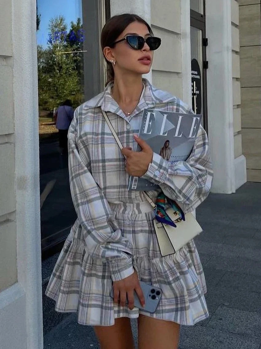 

Fashion Loose Plaid 2 Piece Sets Women Outfit Elegant Long Sleeve Shirts With High Waist Mini Skirt Set Female