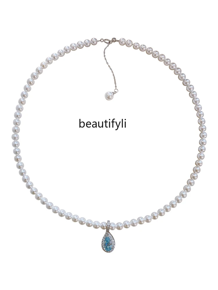 

925 Pure Silver Aquamarine Water Drop Pendant White Pearl Necklace Female Temperament French Entry Lux Clavicle Chain Gift