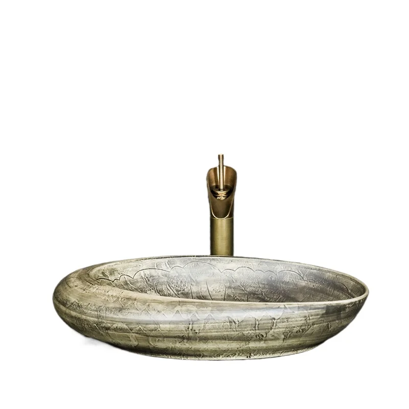 

Новая китайская столешница для мытья рук, керамическая раковина для отеля, домашняя художественная раковина, винтажная резная цветок лотоса