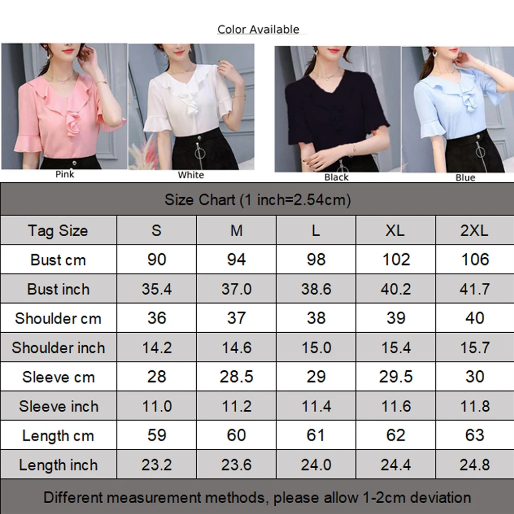 Casual Fashion Blouse Shirt Ruffle Trim V Neck Solid Shirt Women French Short-Sleeved Chiffon Blouse Summer Simple Women Top