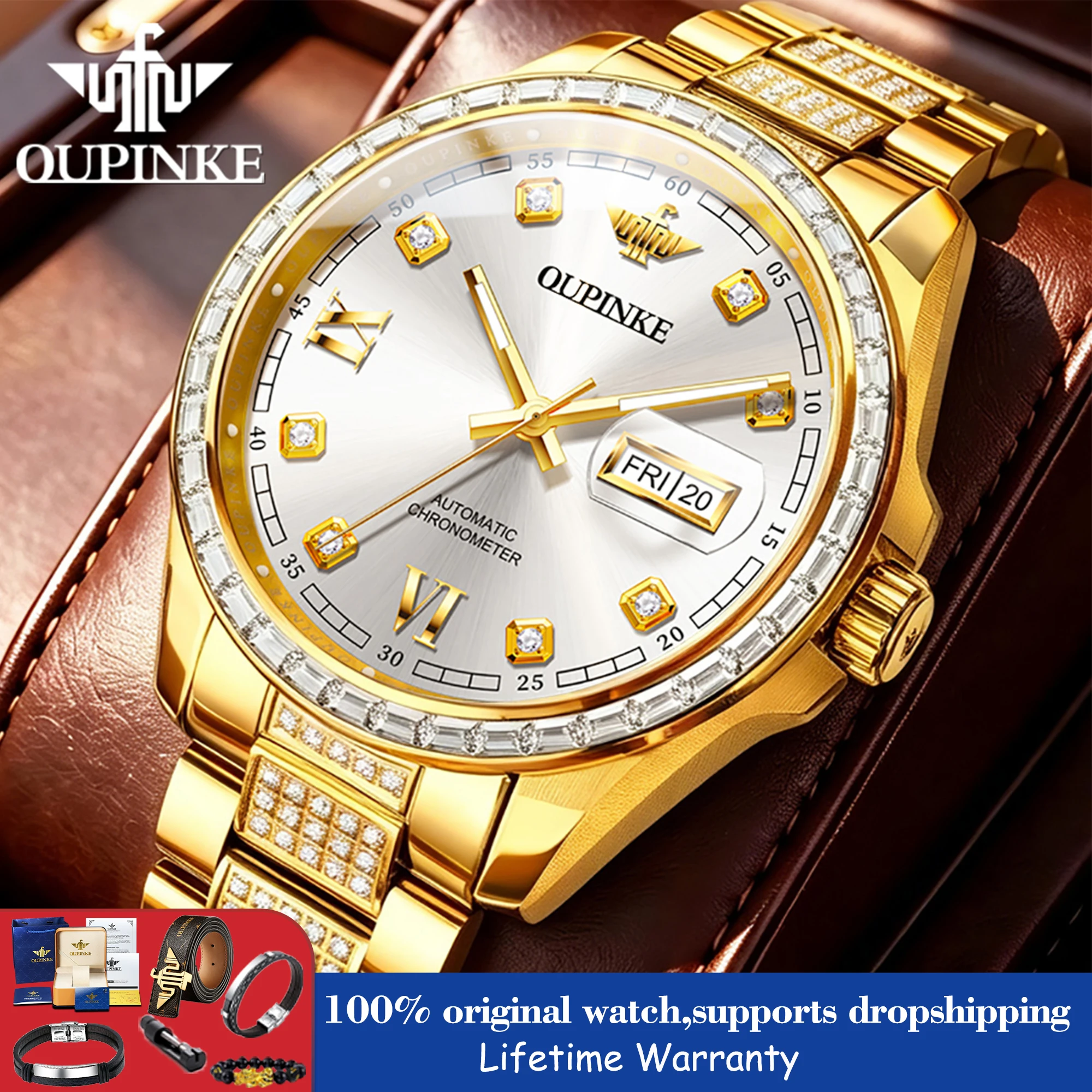 OUPINKE Men Watch Luxury Classic Automatic Mechanical Wristwatch 316L Stainless Steel 50M Waterproof Diving Watches For Man 3328