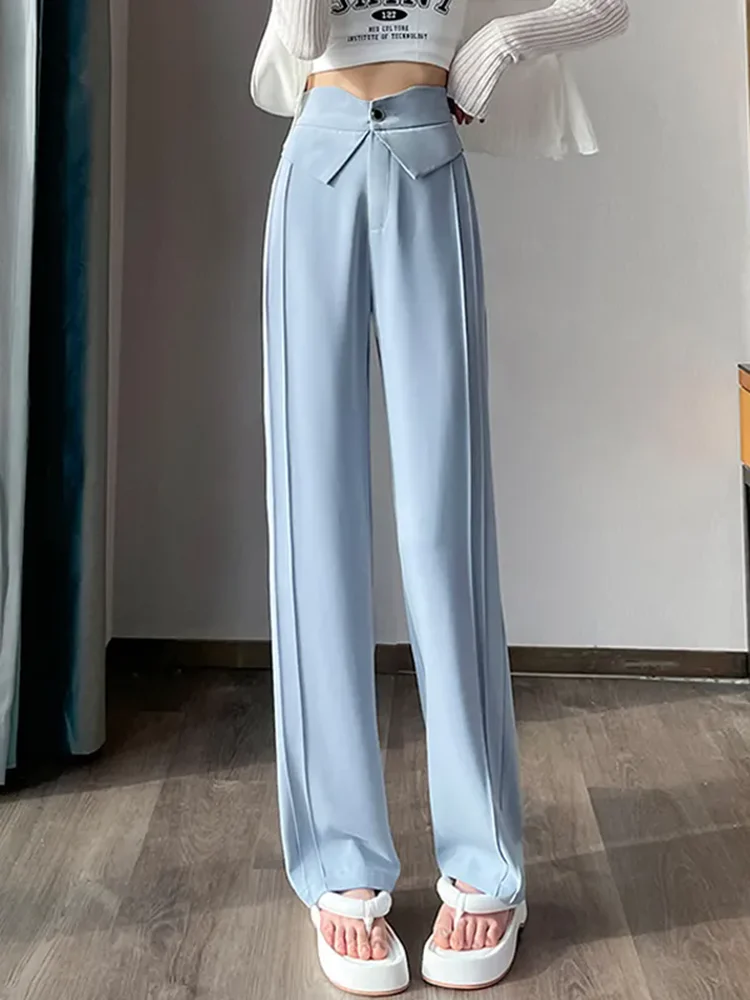 Chic Design Blue Baggy Straight Suit Pants Women Office Formal Elastic High Waist Wide Leg Pantalones Korean Loose Solid Calca