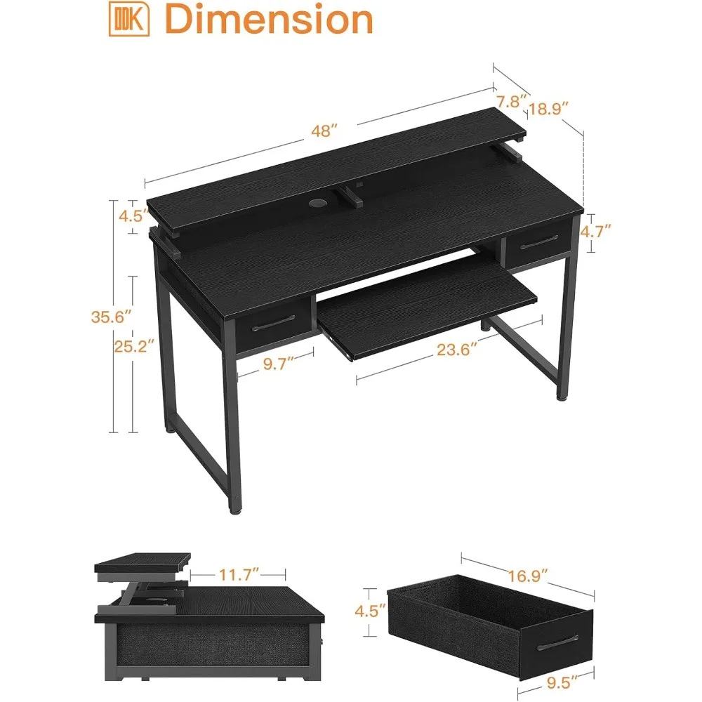 طاولة دراسة كمبيوتر ، طاولة مكتب مع أدراج وصينية لوحة مفاتيح ، مكتب عمل مع رف شاشة ، 48 بوصة